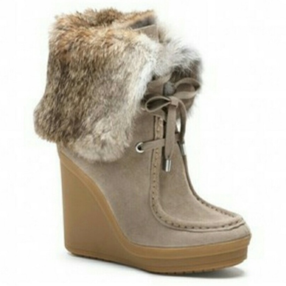 NEW Coach Scout Sahara Suede Leather and Rabbit Fur Wedge Boots - Picture 12 of 13